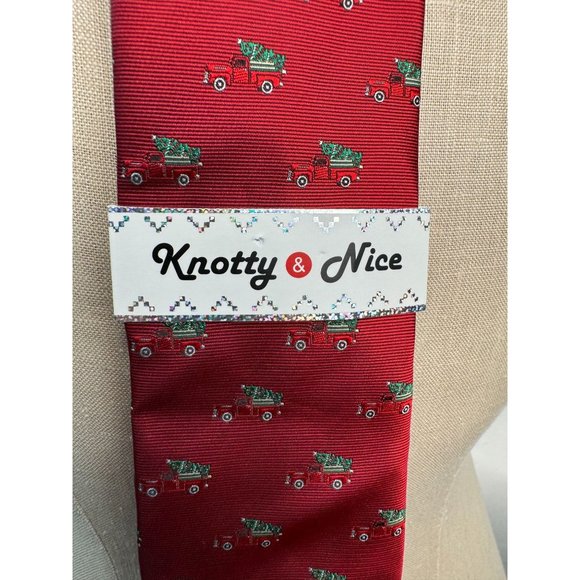 Knotty and Nice Christmas Tie Red Truck and Tree OS Red Christmas Polyester - Picture 4 of 16